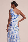 Blue Floral A Line One Shoulder Maxi Dress with Ruffles