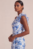 Blue Floral A Line One Shoulder Maxi Dress with Ruffles