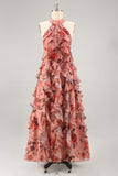 Dusty Rose Halter Ruffled Floral Maxi Dress