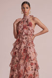 Dusty Rose Halter Ruffled Floral Maxi Dress