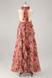 Dusty Rose Halter Ruffled Floral Maxi Dress