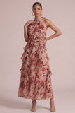 Dusty Rose Halter Ruffled Floral Maxi Dress