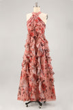 Dusty Rose Halter Ruffled Floral Maxi Dress