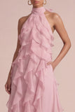 Dusty Rose Halter Ruffled Floral Maxi Dress