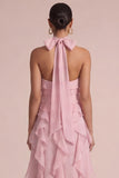 Dusty Rose Halter Ruffled Floral Maxi Dress
