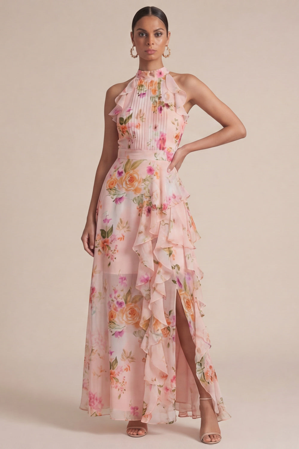 Zapaka Women Peach Floral Wedding Guest Dress with Slit Pleated A Line ...