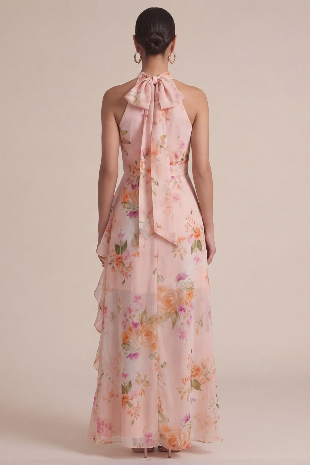 Zapaka Women Peach Floral Wedding Guest Dress with Slit Pleated A Line ...