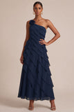 Navy One Shoulder A Line Long Wedding Guest Dress with 3D Flower