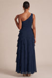 Navy One Shoulder A Line Long Wedding Guest Dress with 3D Flower