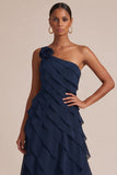Navy One Shoulder A Line Long Wedding Guest Dress with 3D Flower