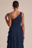 Navy One Shoulder A Line Long Wedding Guest Dress with 3D Flower