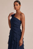 Navy One Shoulder A Line Long Wedding Guest Dress with 3D Flower