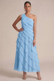 Navy One Shoulder A Line Long Wedding Guest Dress with 3D Flower