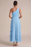 Navy One Shoulder A Line Long Wedding Guest Dress with 3D Flower