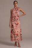 Lilac Floral A Line Halter Ruched Maxi Dress with Bow