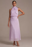 Lilac Floral A Line Halter Ruched Maxi Dress with Bow