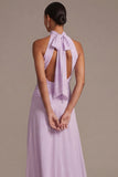 Lilac Floral A Line Halter Ruched Maxi Dress with Bow
