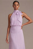 Lilac Floral A Line Halter Ruched Maxi Dress with Bow