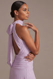 Lilac Floral A Line Halter Ruched Maxi Dress with Bow