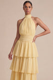 Yellow Ruffled A Line Halter Long Wedding Guest Dress with Bow