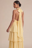 Yellow Ruffled A Line Halter Long Wedding Guest Dress with Bow