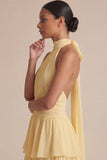 Yellow Ruffled A Line Halter Long Wedding Guest Dress with Bow