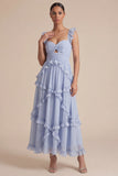 Light Blue A Line Ruffled Cut Out Midi Wedding Guest Dress