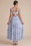 Light Blue A Line Ruffled Cut Out Midi Wedding Guest Dress