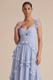 Light Blue A Line Ruffled Cut Out Midi Wedding Guest Dress