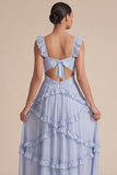 Light Blue A Line Ruffled Cut Out Midi Wedding Guest Dress