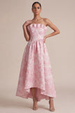 Pink Strapless A Line Floral Midi Dress