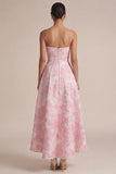 Pink Strapless A Line Floral Midi Dress