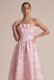 Pink Strapless A Line Floral Midi Dress