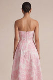 Pink Strapless A Line Floral Midi Dress