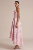 Pink Strapless A Line Floral Midi Dress