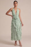 Sage Halter Printed Ruffled Midi Wedding Guest Dress with 3D Flowers