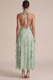 Sage Halter Printed Ruffled Midi Wedding Guest Dress with 3D Flowers
