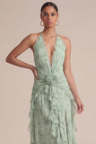 Sage Halter Printed Ruffled Midi Wedding Guest Dress with 3D Flowers
