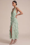 Sage Halter Printed Ruffled Midi Wedding Guest Dress with 3D Flowers