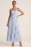 Light Blue A Line Pleated Spaghetti Straps Floral Dress