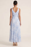 Light Blue A Line Pleated Spaghetti Straps Floral Dress