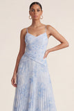Light Blue A Line Pleated Spaghetti Straps Floral Dress