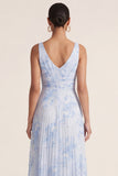 Light Blue A Line Pleated Spaghetti Straps Floral Dress