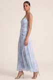 Light Blue A Line Pleated Spaghetti Straps Floral Dress