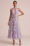 Lilac Appliqued Halter A Line Cut Out Ruffled Midi Dress with 3D Flowers