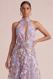 Lilac Appliqued Halter A Line Cut Out Ruffled Midi Dress with 3D Flowers