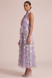 Lilac Appliqued Halter A Line Cut Out Ruffled Midi Dress with 3D Flowers