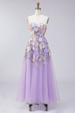 Strapless Lilac A Line Appliqued Corset Midi Wedding Guest Dress
