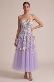 Strapless Lilac A Line Appliqued Corset Midi Wedding Guest Dress