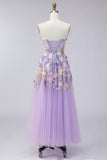 Strapless Lilac A Line Appliqued Corset Midi Wedding Guest Dress
